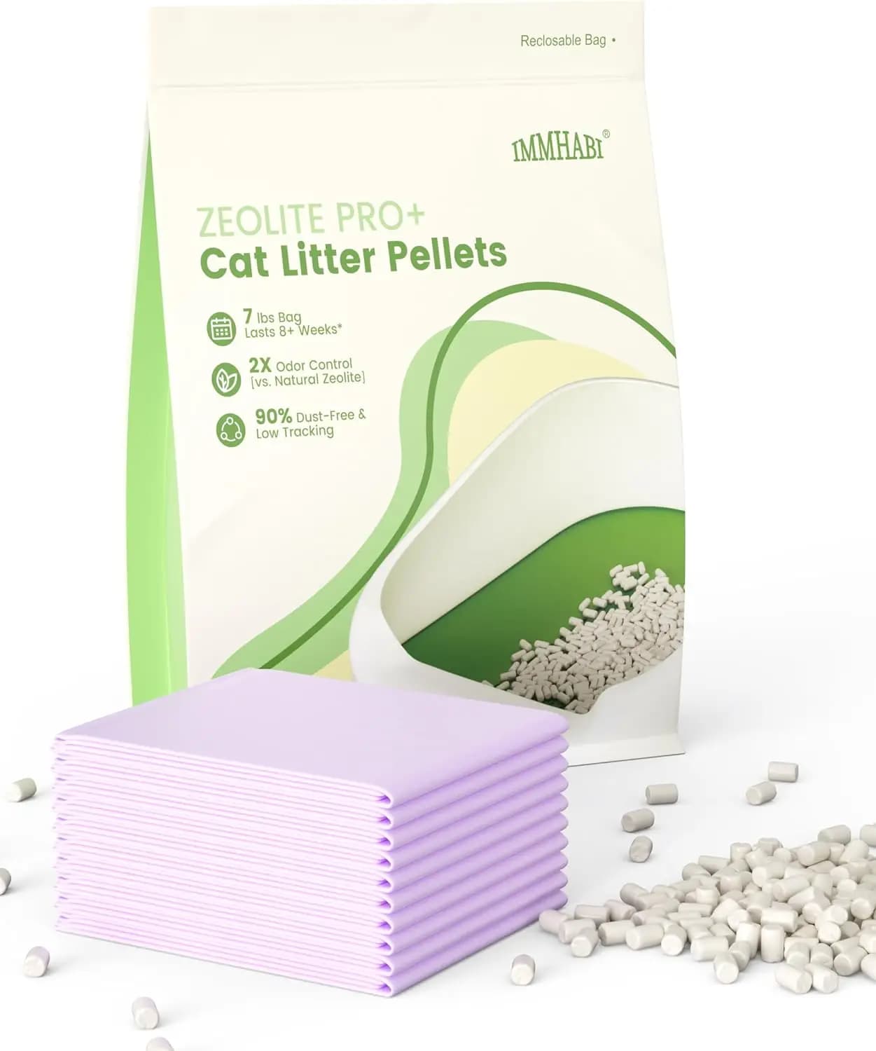 Zeolite Cat Litter Pellets 7lbs & Pee Pads 10 Count - Refill for Dual-Layer Litter Box Systems | Premium Stainless Steel Shifting Tray