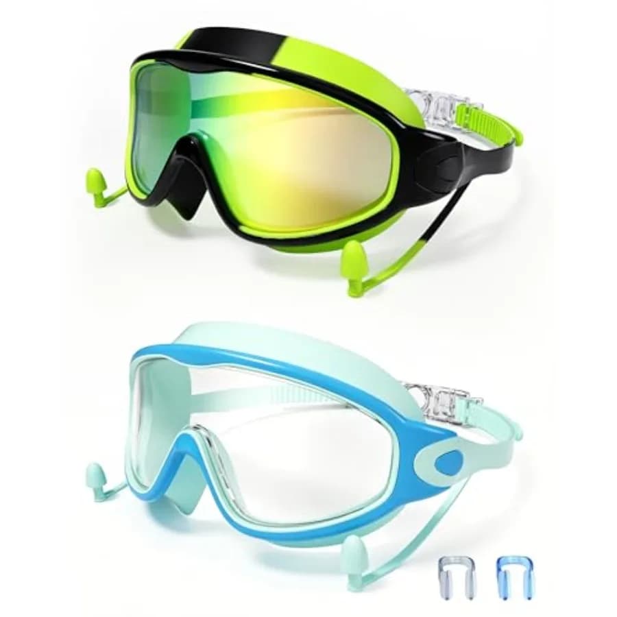 Swim Goggles for 3-15 with Earplugs Large Frame Anti-Fog/UV Swimming Goggles for Boys Girls Toddler 2PCS