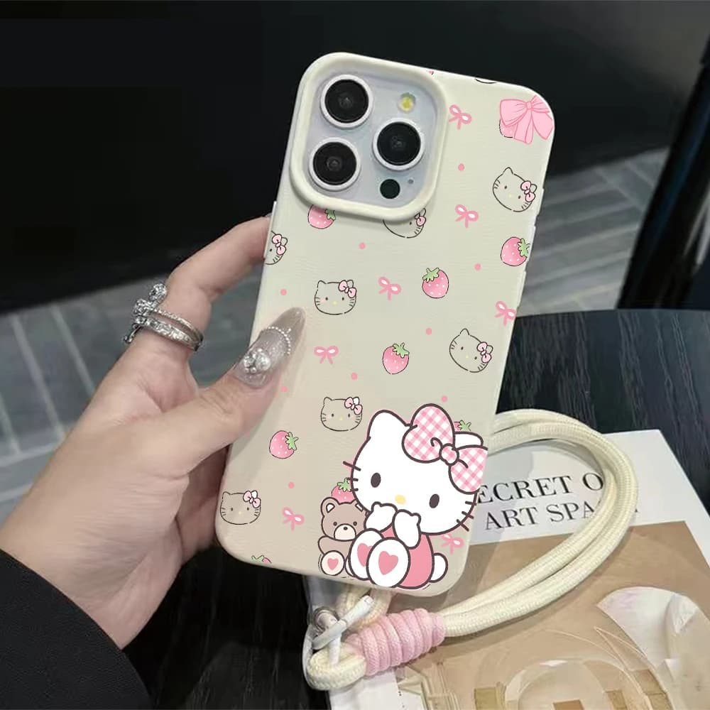 Custodia per telefono con laccetto, motivo fragola e Hello Kitty, per iPhone 16 Air 17 15 14 13 12 11 Pro Max XS X XR