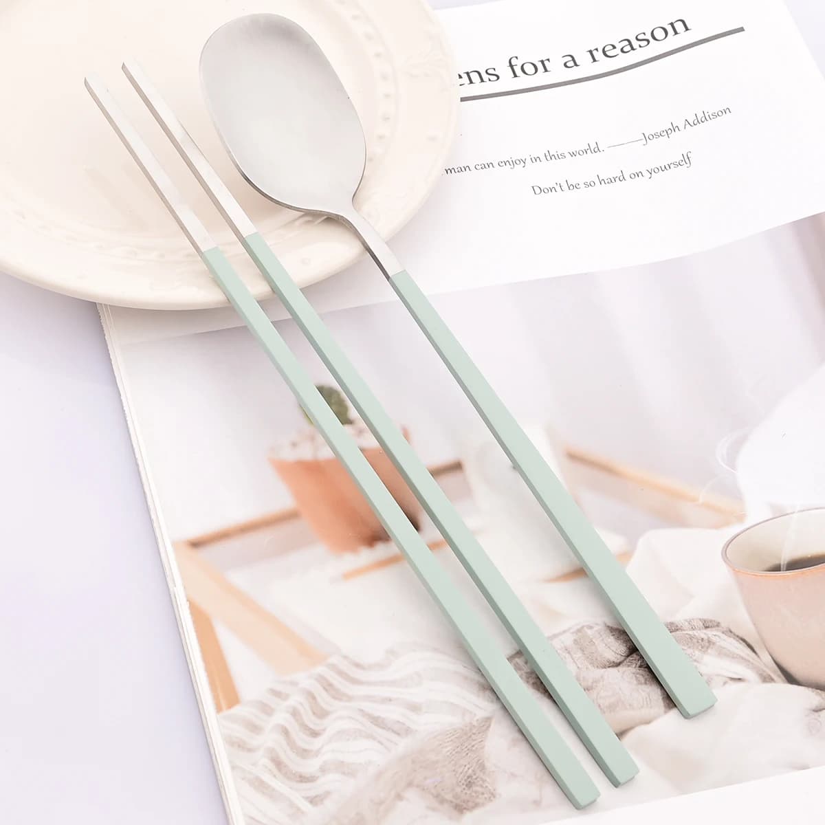 2 pezzi cucchiaio da pranzo bacchette per sushi set di posate verde argento stoviglie posate occidentali in acciaio inossidabile stoviglie da cucina per feste