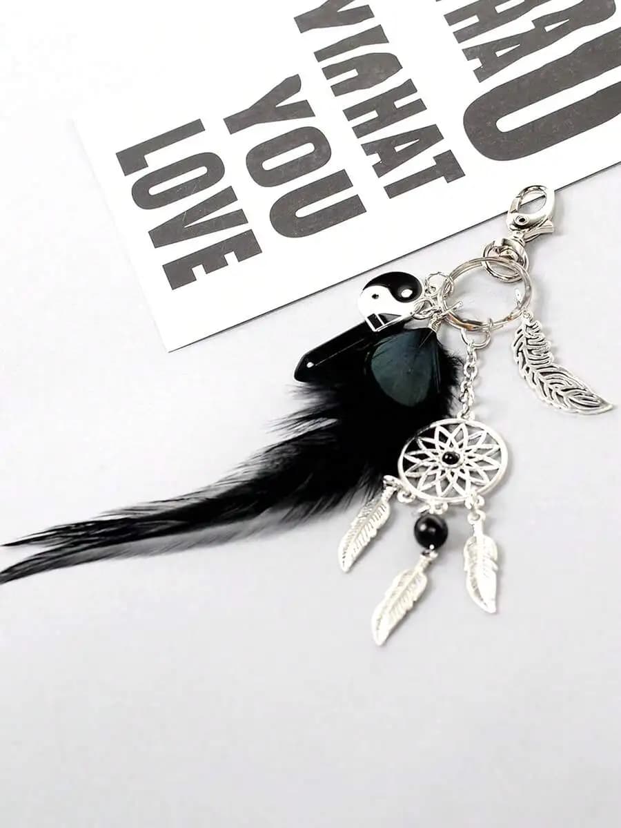 Boho Dream Catcher Keychain With Feather And Yin Yang Charm