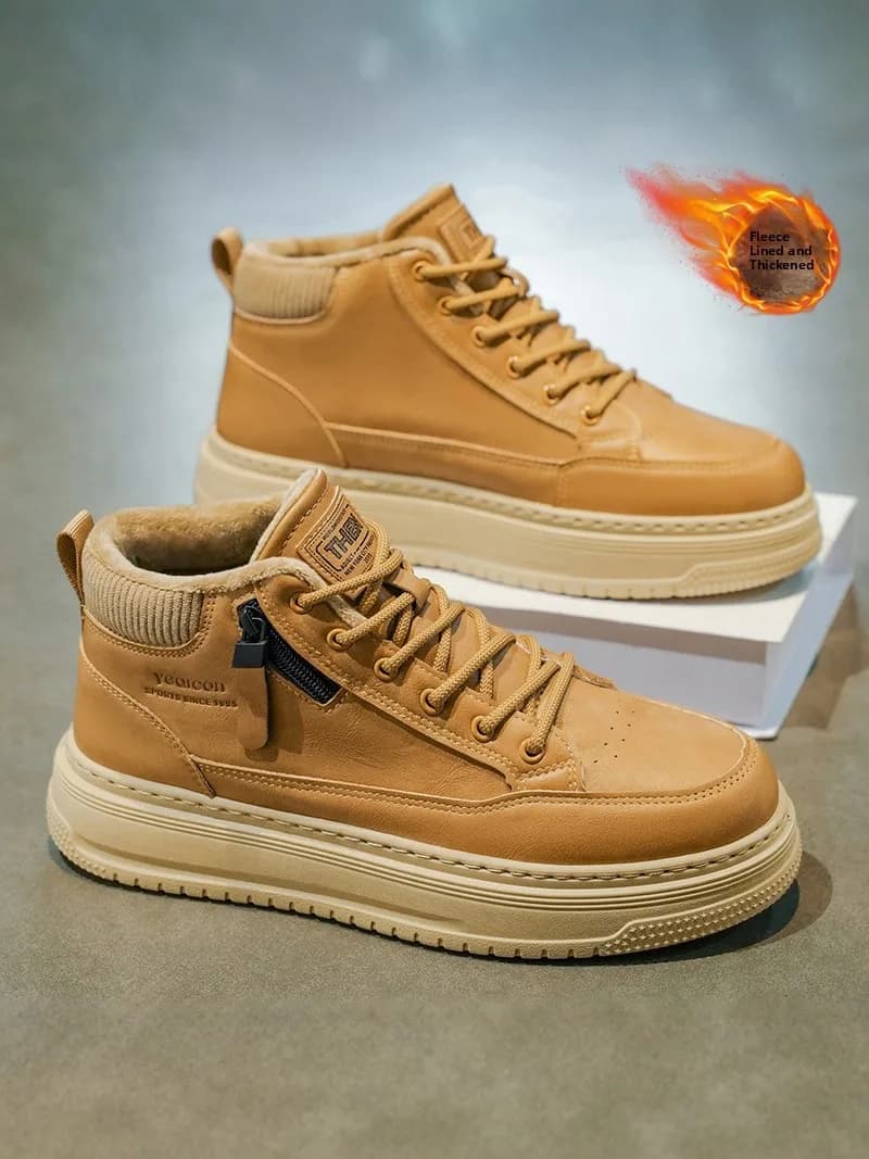 Men's High-Top Boots Winter Anti-Slip Fleece Lined Warm Work Cotton Shoes Outdoor Sports Casual Versatile Yellow Leather Boots