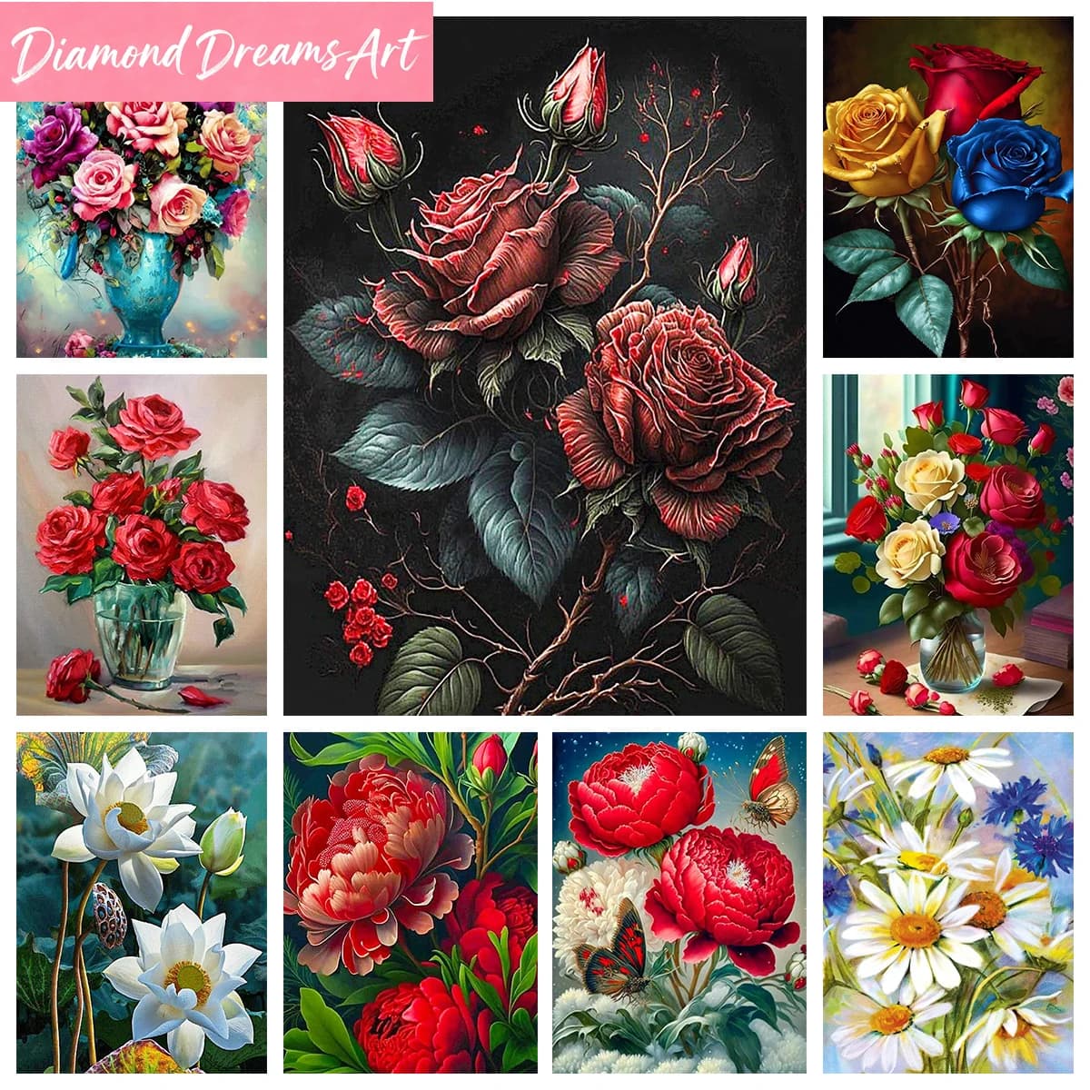 Dipinto Decorativo con Diamanti Senza Cornice, Fiori Personalizzati Fai-da-Te con Applicazione Completa di Diamanti