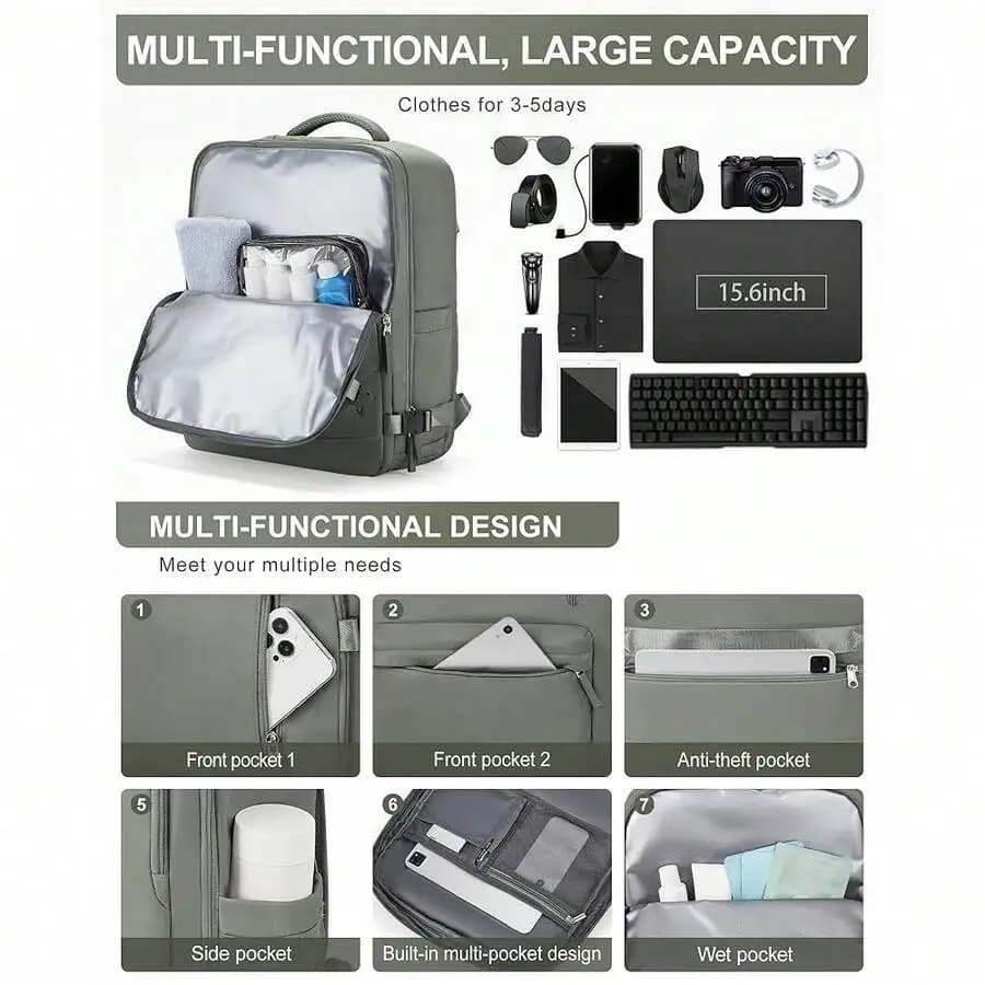 Large Capacity Multi-Functional Travel Backpack With Wet Pocket Anti-Theft Compartment Laptop Sleeve