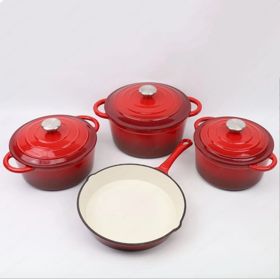 Set of 4 pieces enamelled cast iron pots, multifunctional non-stick pan in four pieces and stew pot for home use in the kitchen