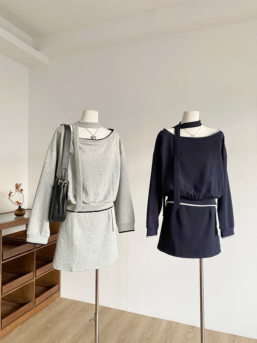 Completo Set Due Pezzi Donna Tendenza Primavera 2025: Nuova Felpa Coreana Casual Larga con Scollo a U e Cintura, Minigonna a Vita Alta che Copre i Fianchi