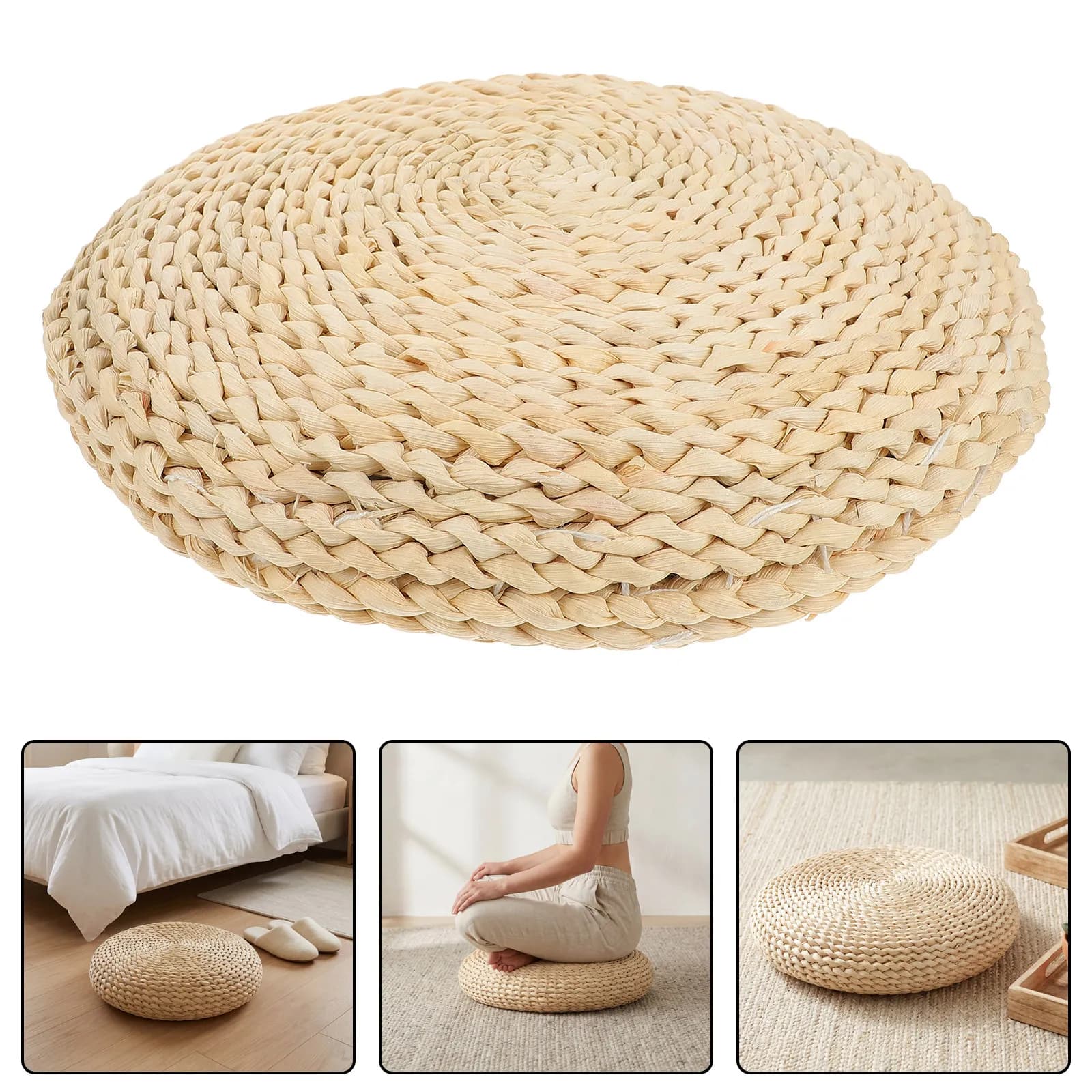 2Pcs Round Tatami Meditation Floor Cushion Natural Woven Straw Seat Cushion Yoga Zen Sitting Prayer Mat 11.8x2 Inches