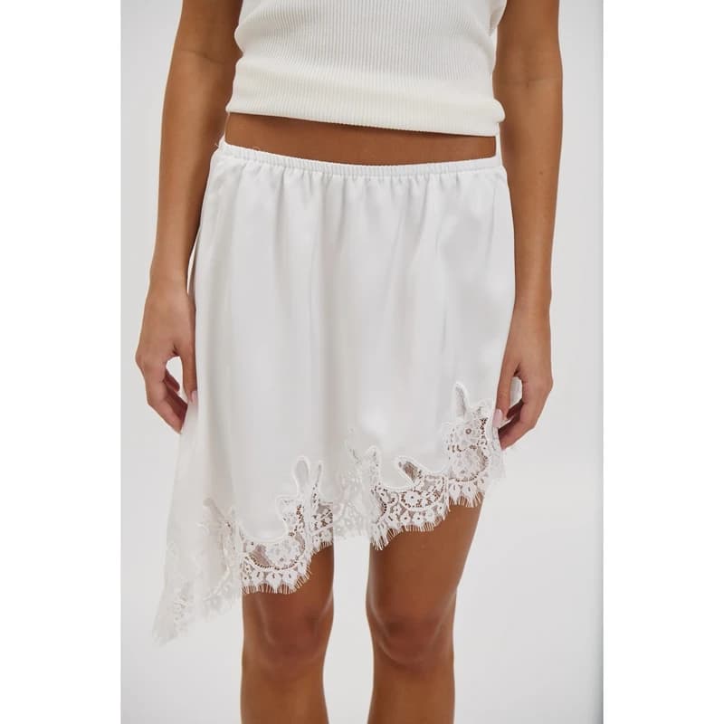 Gonna Midi in Raso di Seta con Inserti in Pizzo da Donna, Elegante, Tinta Unita, Orlo Asimmetrico, Lunghezza al Ginocchio, Vita Elastica, Effetto Seta