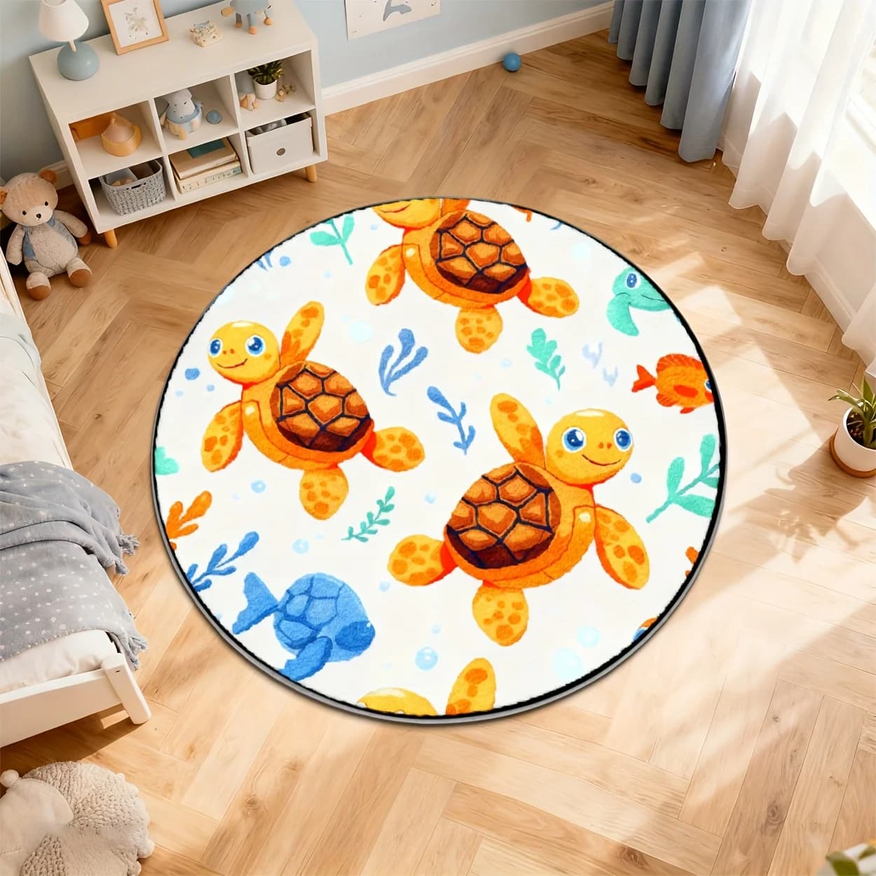 Tappeto Rotondo Moderno Minimalista Nordico con Motivo Tartaruga Marina - Morbido Tappetino da Pavimento, Lavabile in Lavatrice