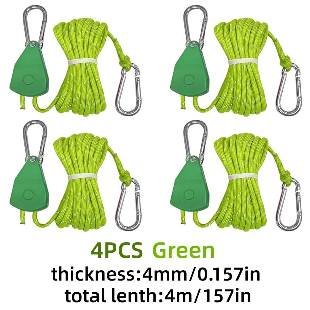 4Pcs 4m Camping Rope Tent Adjustable Rope Fastener Fixed Buckle Pulley Tensioner Ratchet Hangers Lights Camping Awning Wind Rope