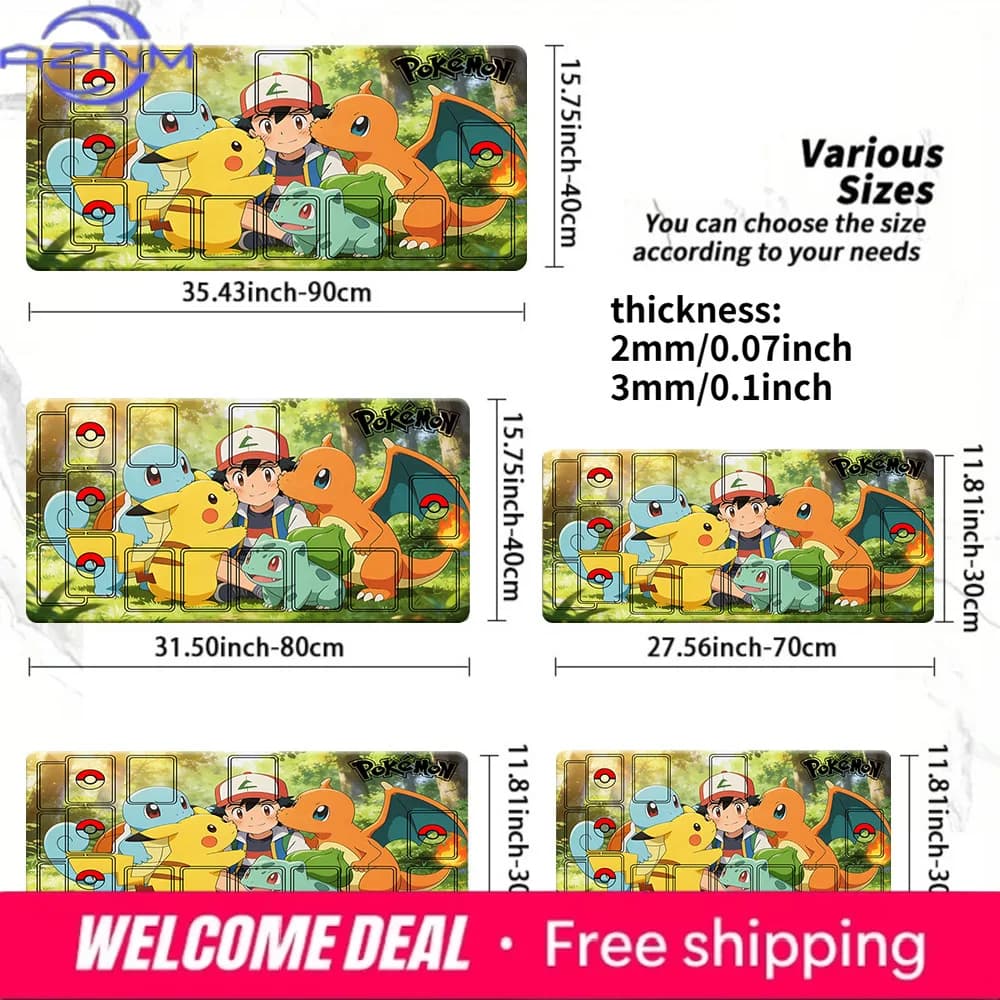 Tappetino da Gioco TCG Pokemon Ash & Kanto Starters 2mm/3mm Antiscivolo per Giochi di Carte Multi-Misura