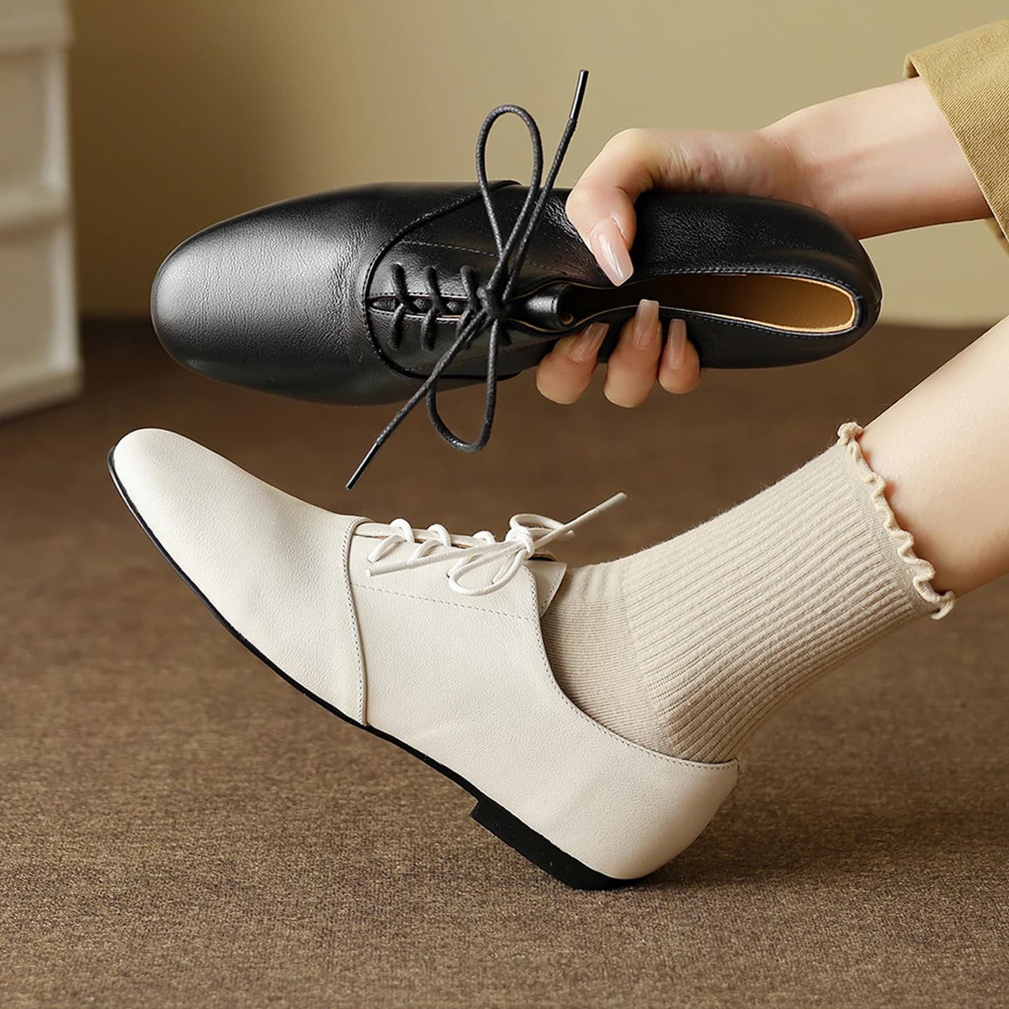 2026 new spring summer women pumps natural leather 22-25.5cm cowhide+sheepskin+pigskin lace-up loafers low heel women shoes