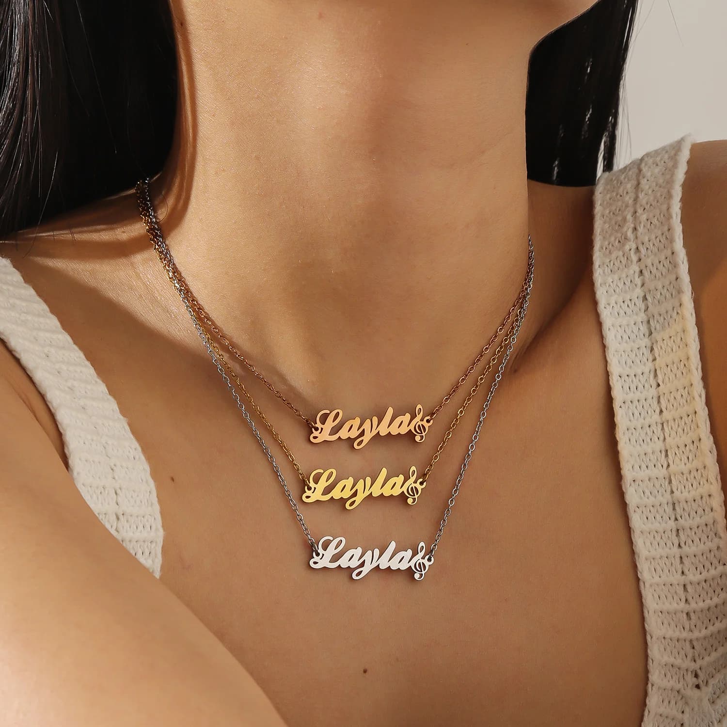 Collana con Nome in Inglese e Nota Musicale, Placcata in Oro 18K, Acciaio Inossidabile, Ciondolo Melodico Personalizzato, Gioiello Regalo Personalizzato per Lei