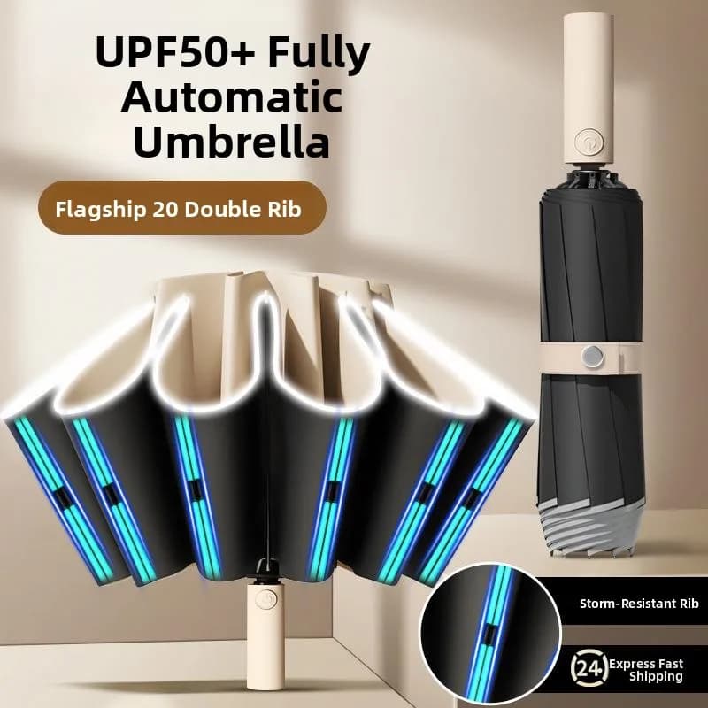 Ombrello Pieghevole Automatico da Donna, Protezione UV, Rivestimento Nero, Doppio Uso Sole e Pioggia, Ombrello Parasole