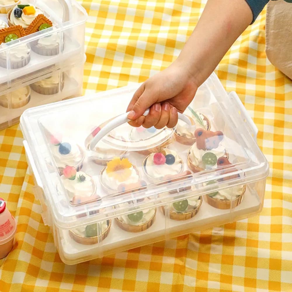 2 Tier Cupcake Carrier Rectangle with Lid and Handle Cupcake Storage Box Transparent 24 Grids Cupcake Containers Party