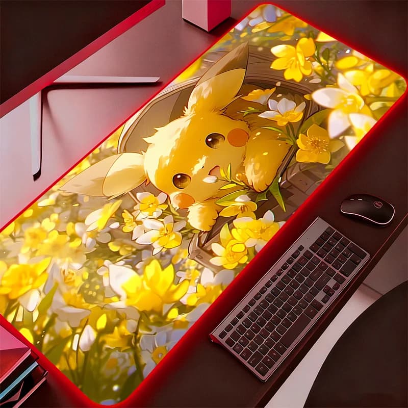 Tappetino per mouse RGB Gamer grande con LED, antiscivolo in gomma, per tastiera e computer, tappetino da scrivania, Pokemon Pikachu, retroilluminato per PC Gamer