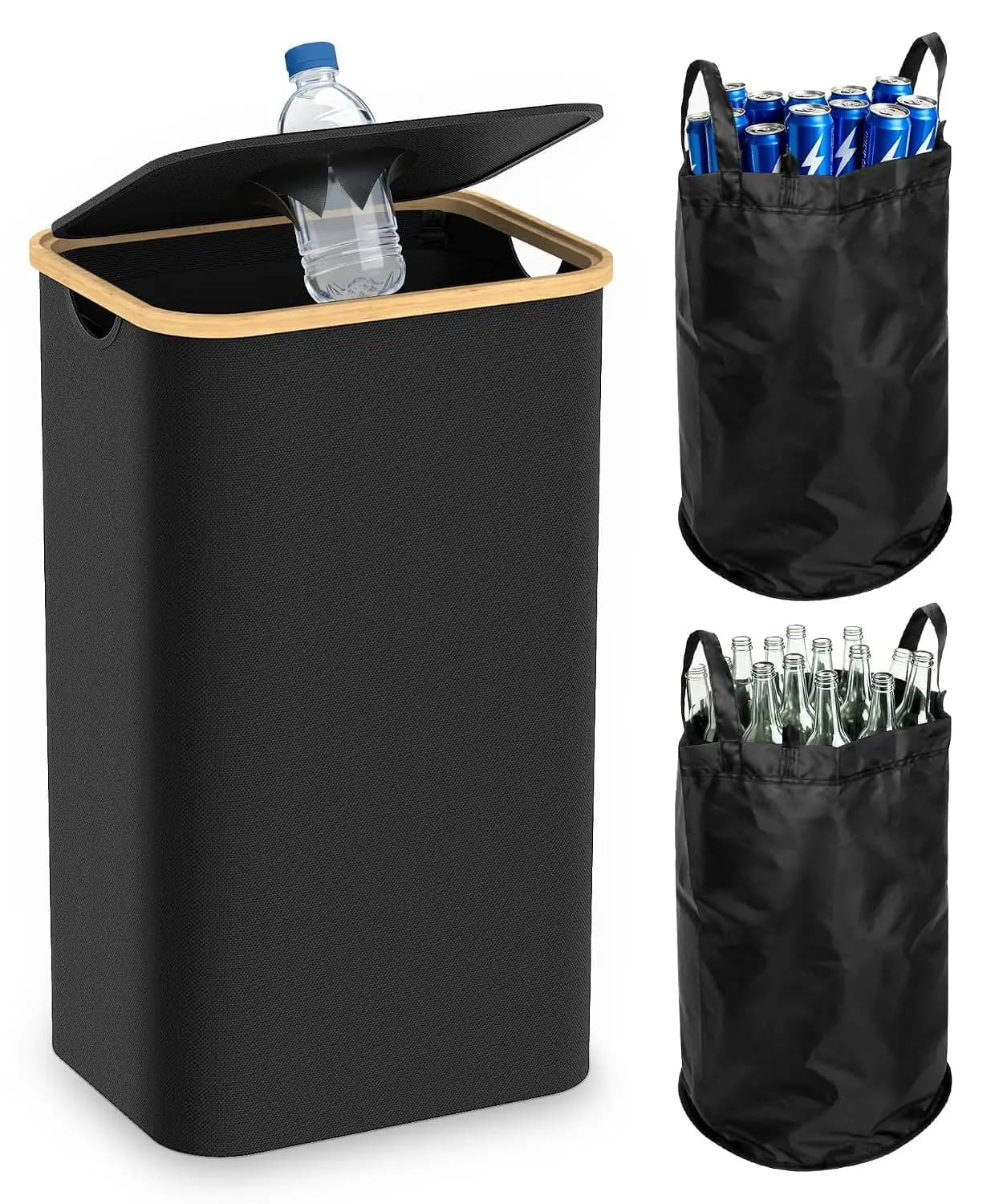 26 Gallon (100L) Recycling Bin with Lid, Folding Oxford Fabric, 2 Reusable Bags for Bottles, Cans, Glass, Plastic, Black