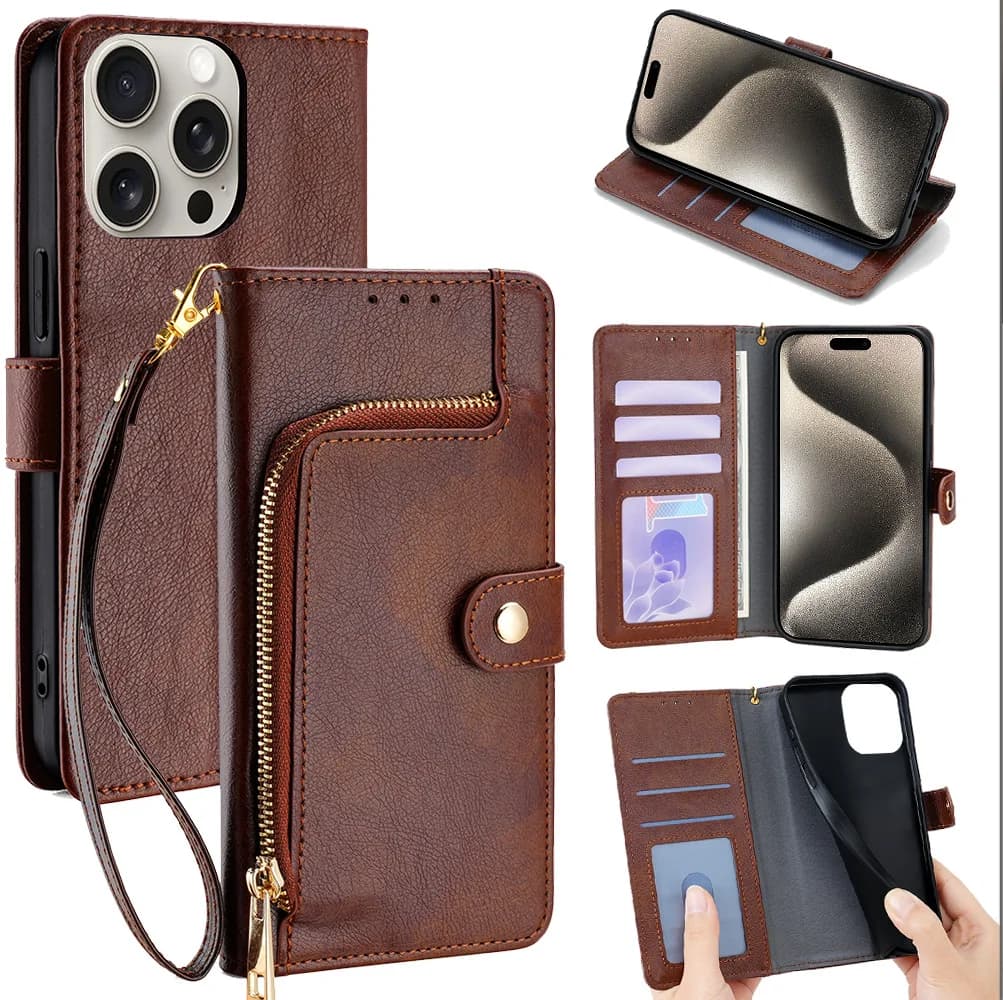 Custodia a portafoglio in pelle di lusso con cerniera e 3 slot per carte, laccetto da polso, per Sony Xperia 10 VII VI V 5 IV 1 III II
