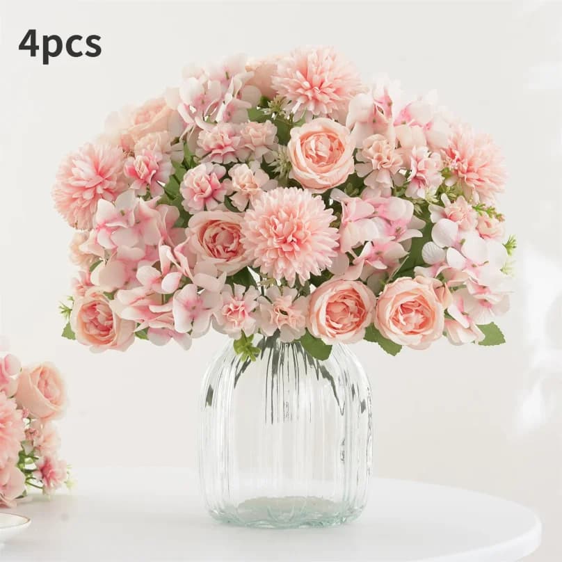1/4 Pezzi Bouquet di Fiori Artificiali Realistici, Bouquet Riutilizzabili di Peonie, Crisantemi e Ortensie con Stelo, Decorazione per Casa e Stanza