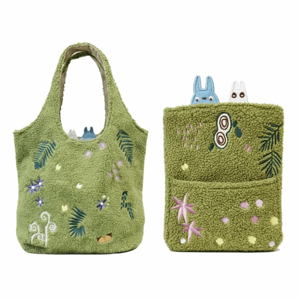 Borsa a Tracolla Verde in Lana d'Agnello Ricamata, Forma Quadrata con Superficie in Velluto, Borsa a Mano per Gite nel Parco