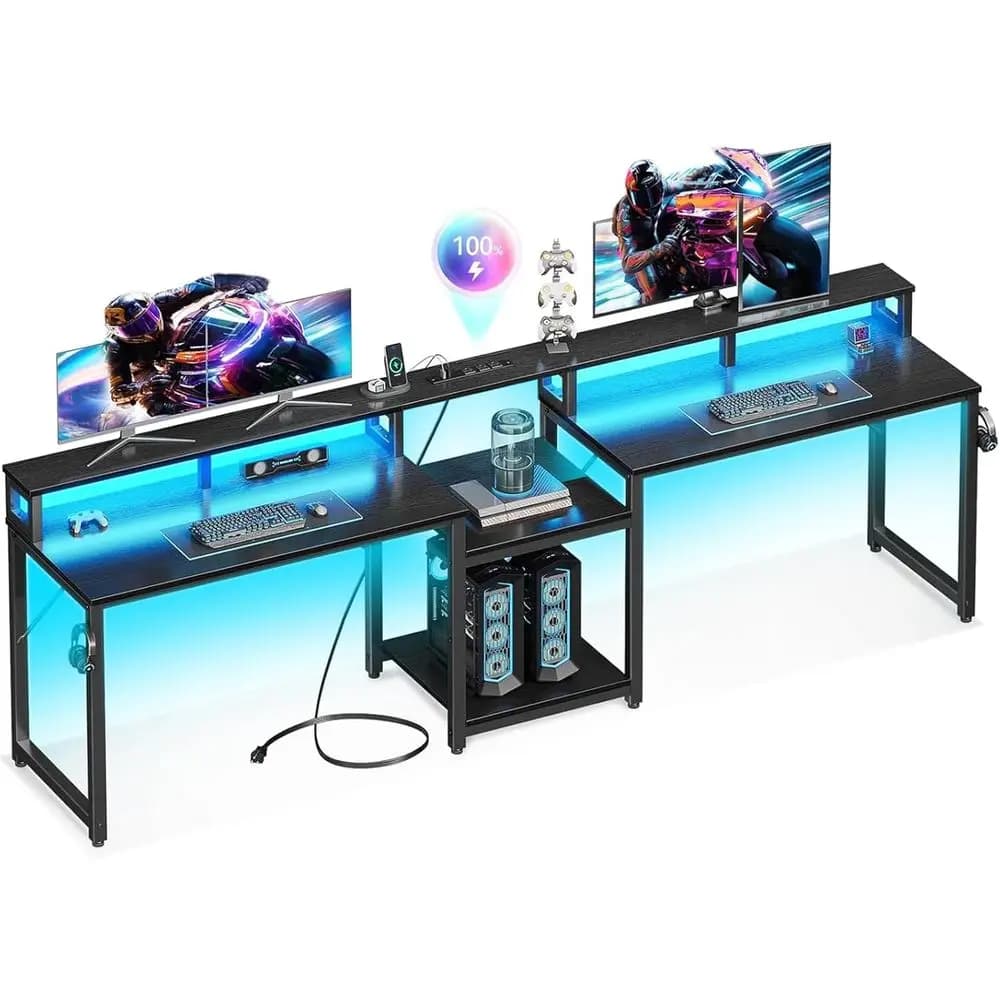 Scrivania da Gaming per Due Persone con Spazio di Archiviazione, Ricarica USB, Luci LED, Supporto per Monitor, Nera
