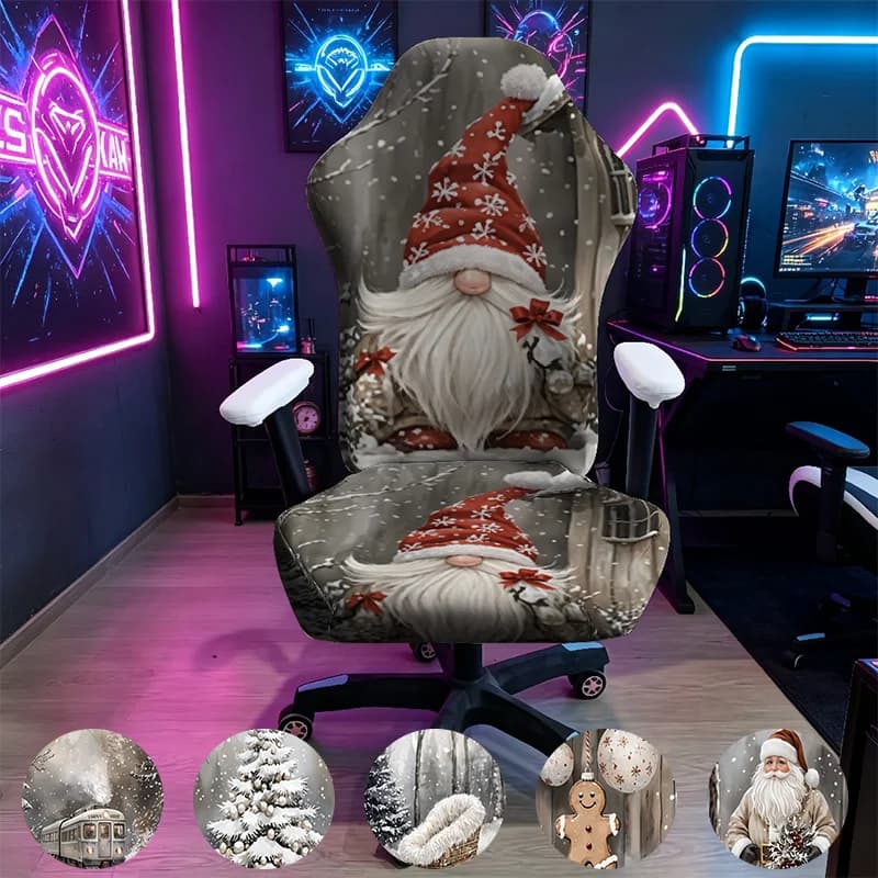 Gaming Chair Cover, Christmas Gnome Santa Print Stretch Office Racing Chair Slipcover, Winter Xmas Decor Protector Cover