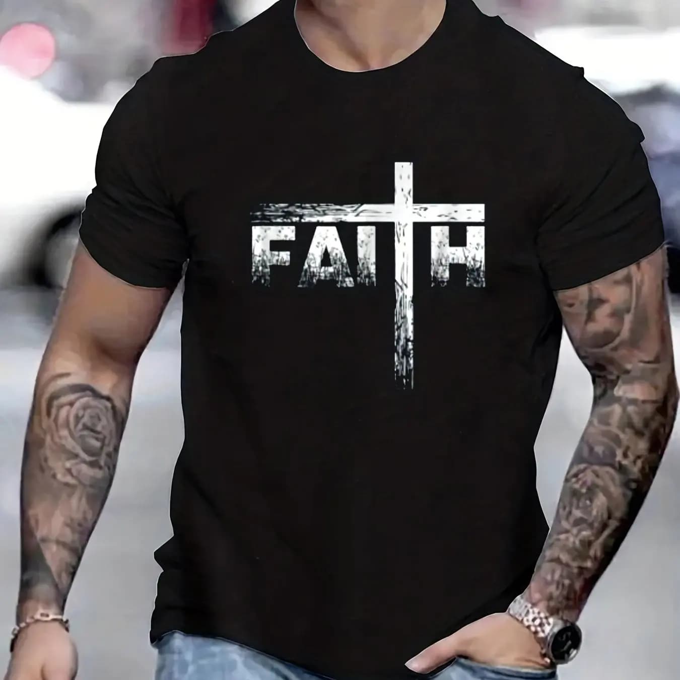 Men's Summer 100% Cotton Faith Print Loose Large Casual Round Neck Short Sleeve T-shirt