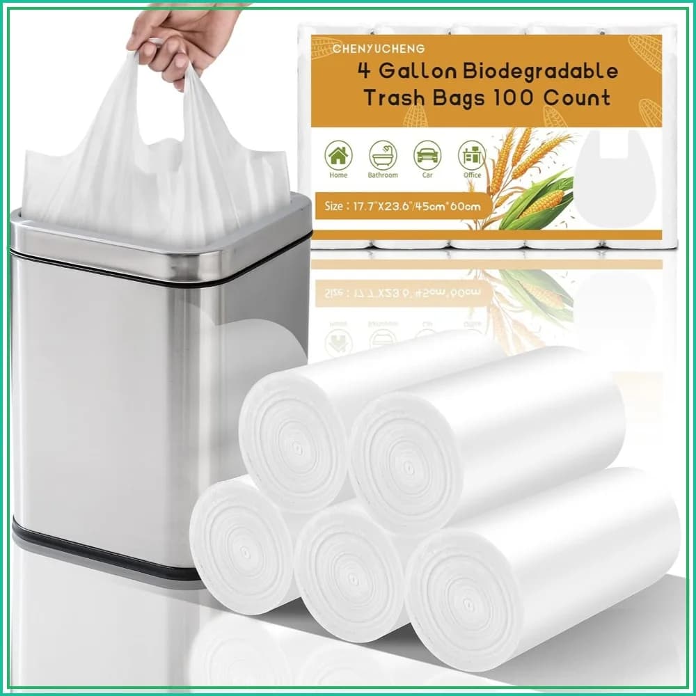 4 Gallon Biodegradable Trash Bags with Handles - White Small Garbage Bags for Bathroom Can 100 Count 15 Liter Compostable Waste Basket Liners