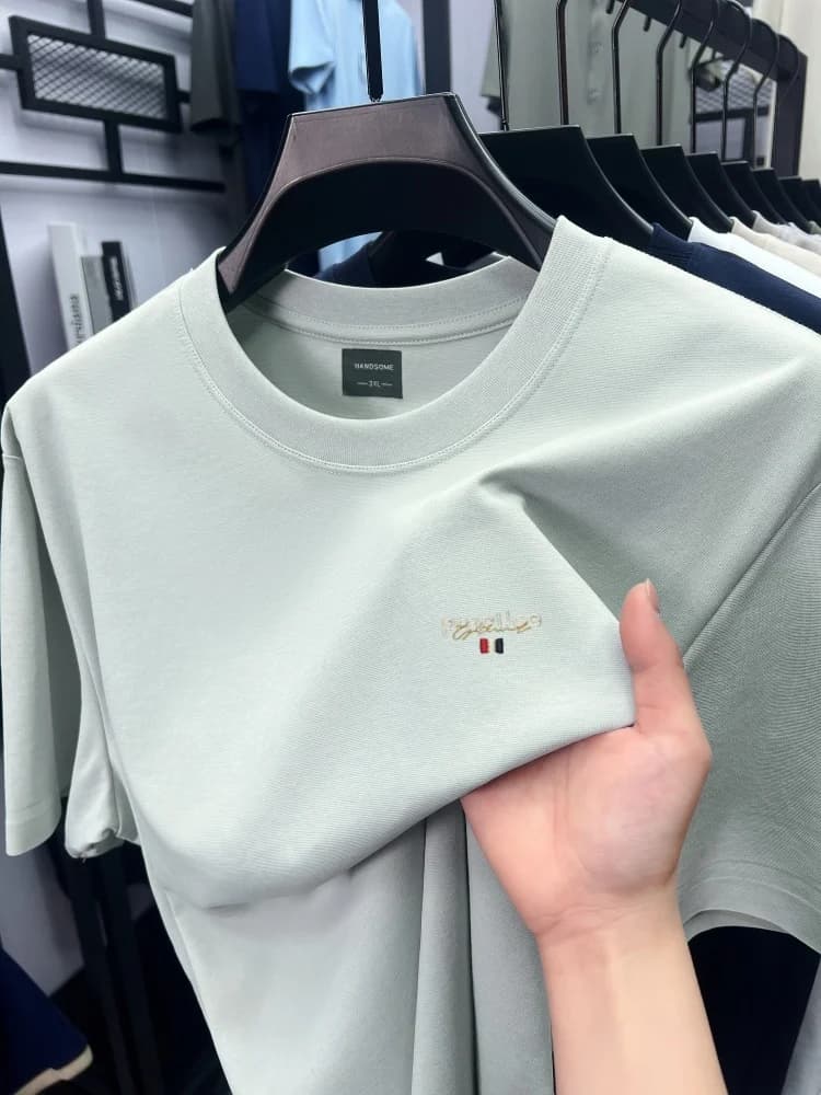 High end men's short sleeve T-shirt ice silk cotton fashion brand letter embroidery summer new casual breathable round neck top
