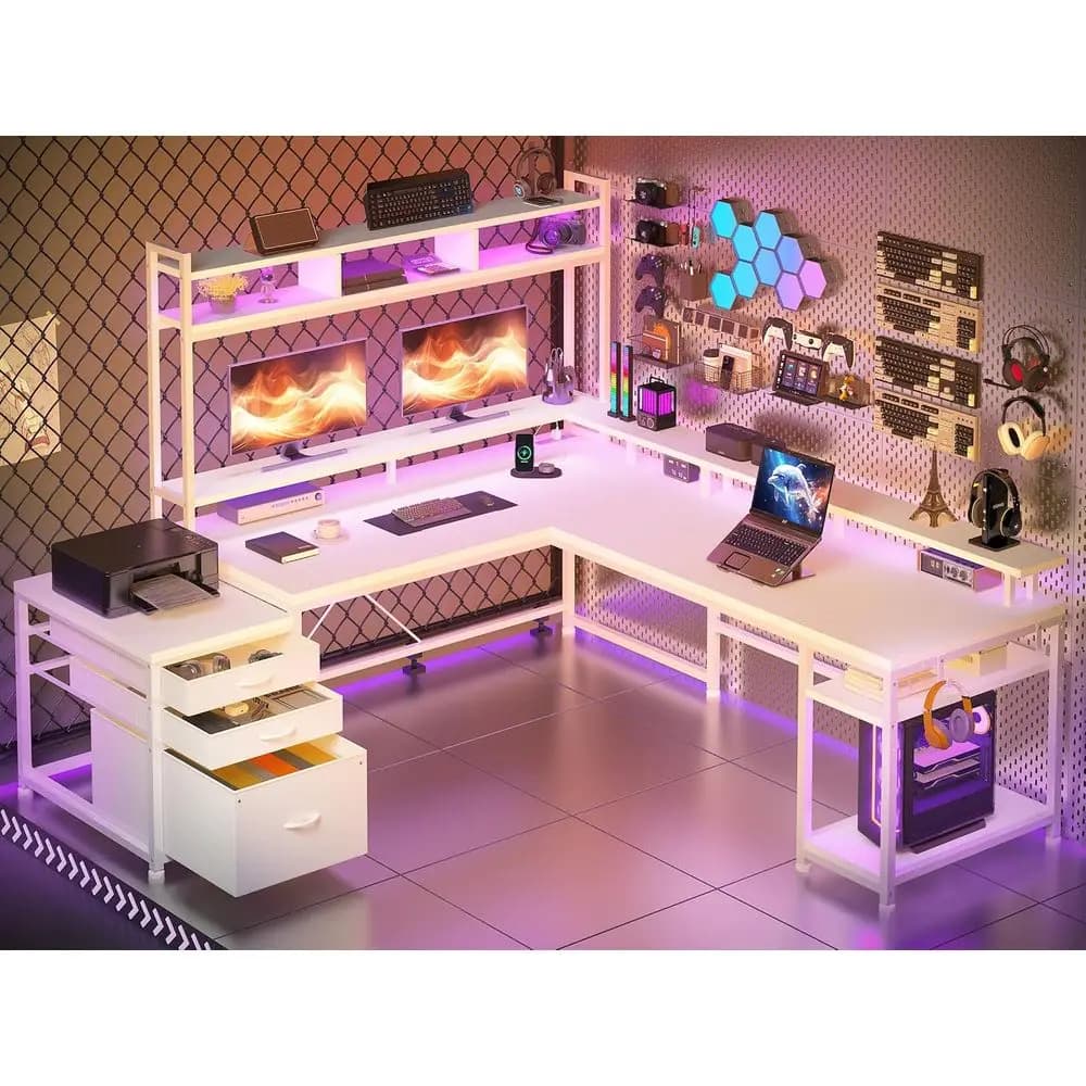 L White Desk for Two Persons with Superior Cabinet, Current Grip, Monitor and LED Lights for Home Office or Gaming