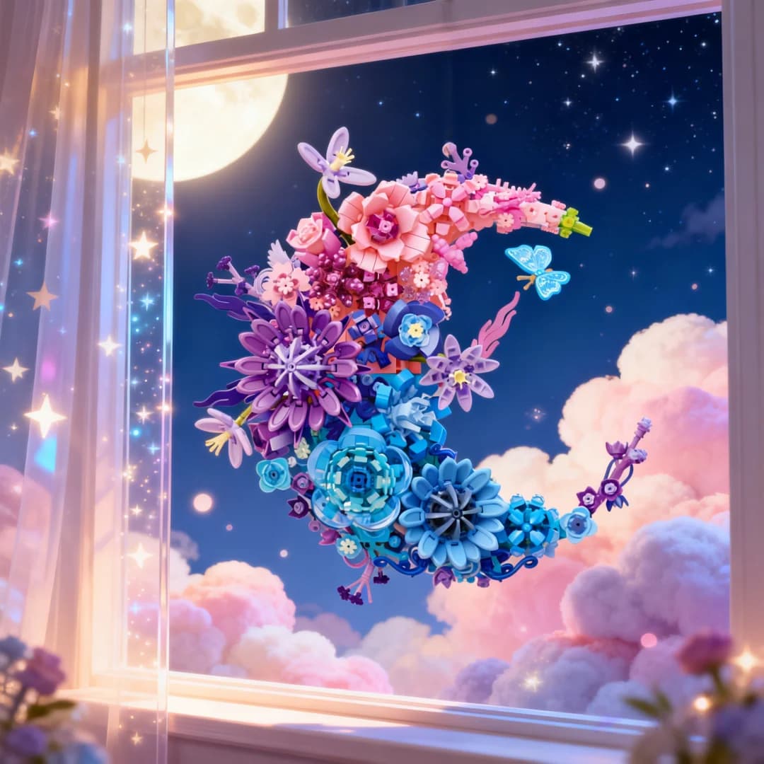 Decorazione da appendere a forma di fiore lunare, giocattolo con blocchi da costruzione, decorazione da parete per camera da letto/studio, regalo di San Valentino per ragazze, ricordo di anniversario