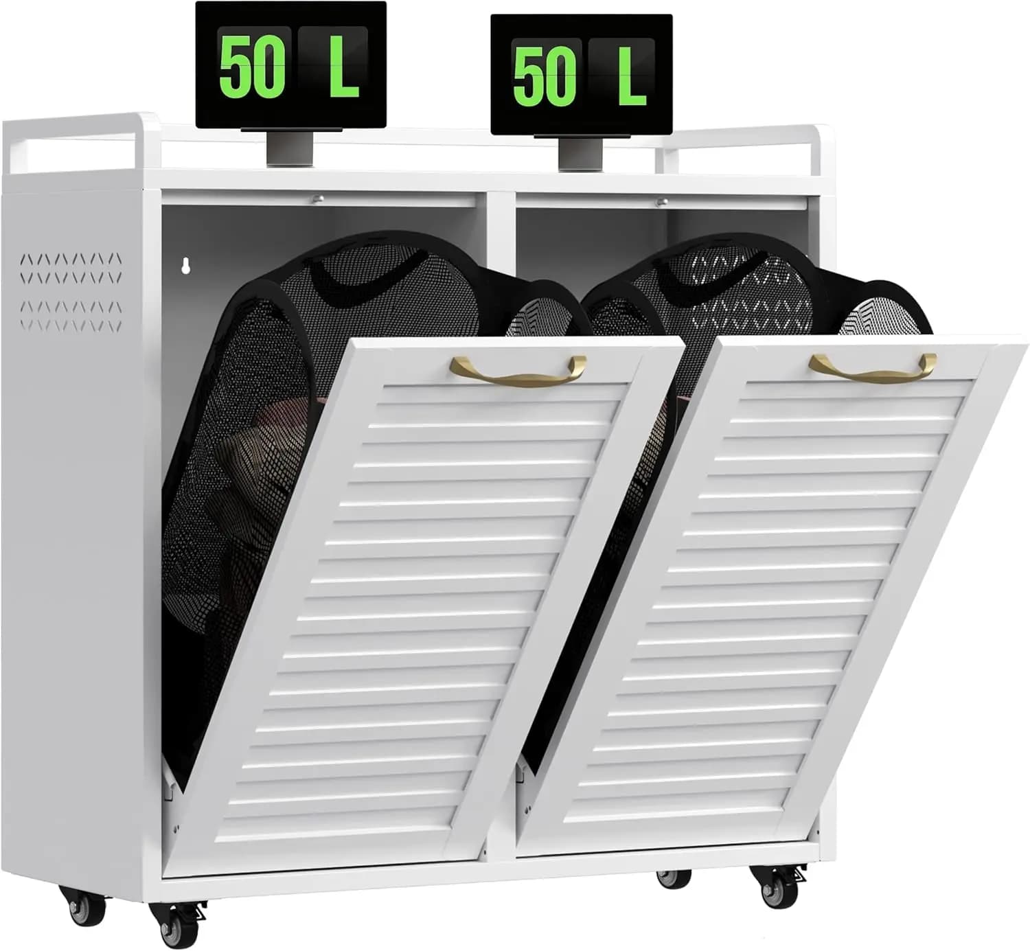 Cesto per Bucato Doppio da 100L con Ruote, Mobile per Lavanderia in Metallo con 2 Scomparti e Sacchi Rimovibili, Design Nascosto