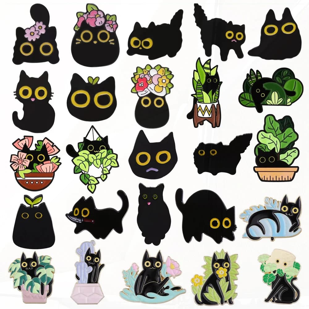 Pianta in vaso fiore erba carbone gatto cartone animato distintivo in metallo spilla Punk accessori gioielli carino gatto nero smalto Pin Cactus