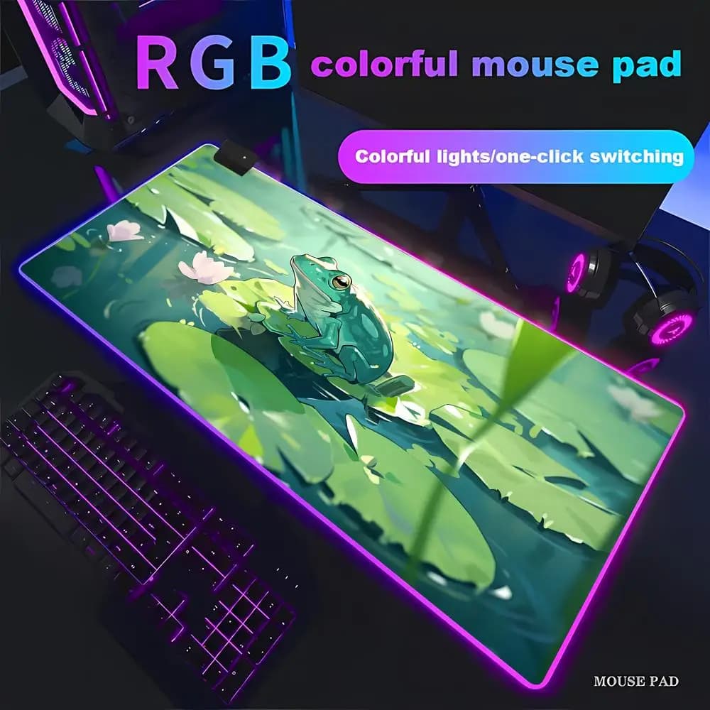 Tappetino da Scrivania Antiscivolo HYBXAXC, Mousepad per Gaming e Ufficio, Design con Foglie di Loto e Rane, Pad RGB HD per Gamer, Grande con Illuminazione LED, Antiscivolo per Computer