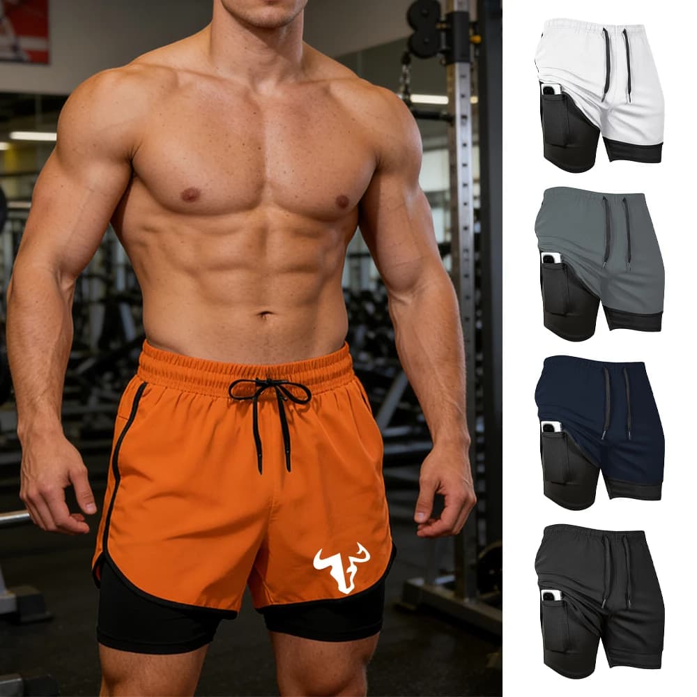 Pantaloncini Sportivi da Uomo a Doppio Strato con Stampa Testa di Toro, Asciugatura Rapida, Casual, con Coulisse, per Spiaggia, Corsa, Ciclismo, Vacanze