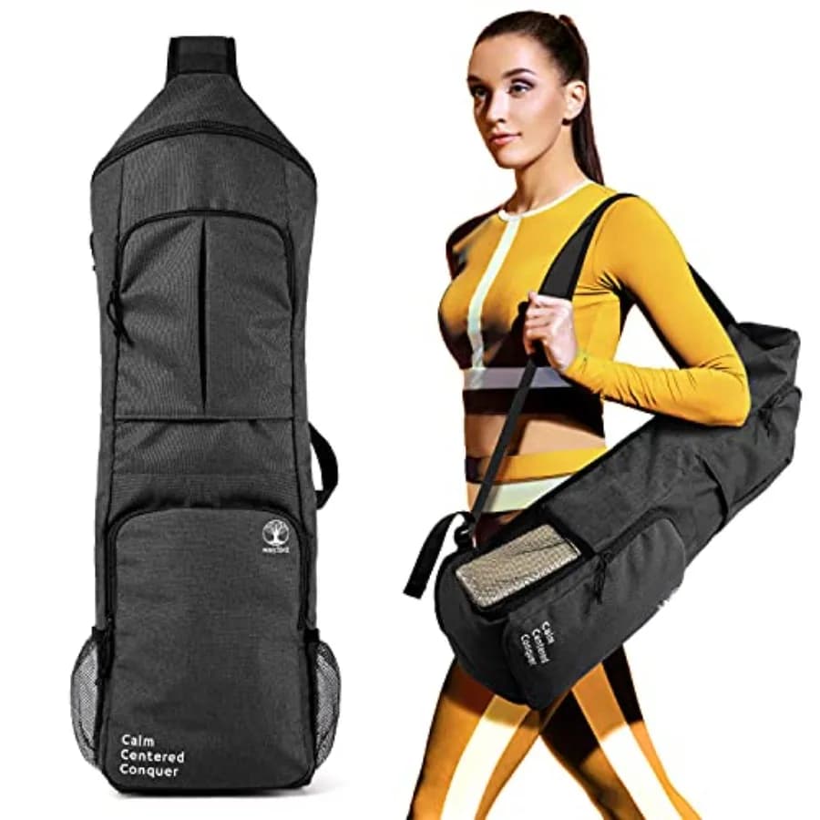 Borsa per Tappetino Yoga - Grandi Tasche e Portabottiglie d'Acqua. Zaino da yoga adatto per tappetini di 0,5 pollici di spessore e 26 pollici di larghezza. Mani libere, sinistra