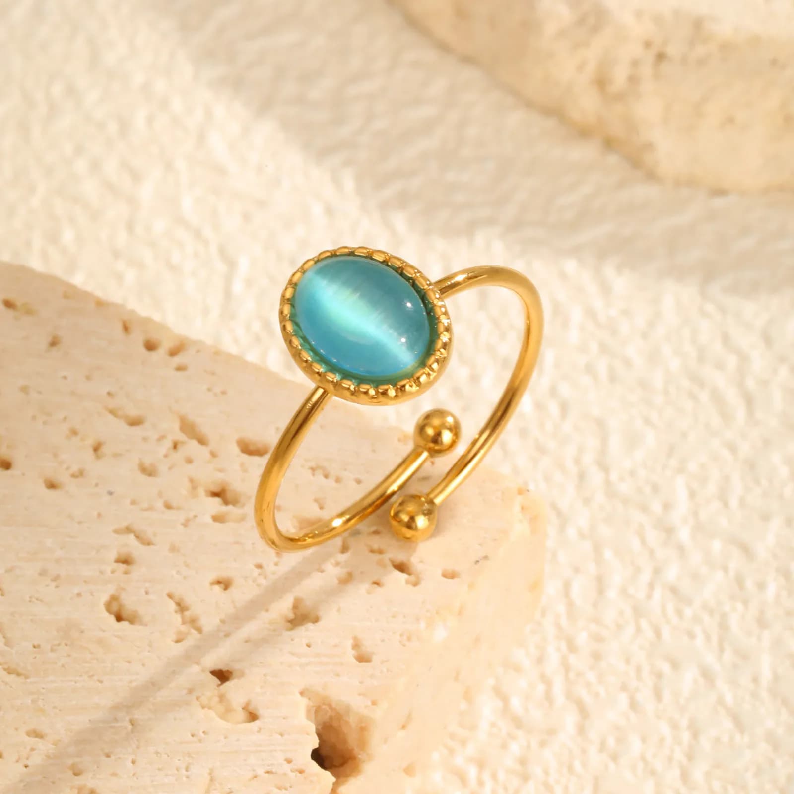 Elegante anello ovale azzurro con apertura a forma di occhio di gatto, anelli in acciaio inossidabile da donna color oro, gioielli alla moda, regalo per la festa della mamma
