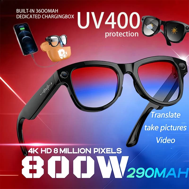 Smart AI 4K HD 2026 Glasses with 32GB Memory, 800MP Camera, WiFi Transfer, BT Calls, GPT Chat Vocal Assistant and 3600mAh Charging Case