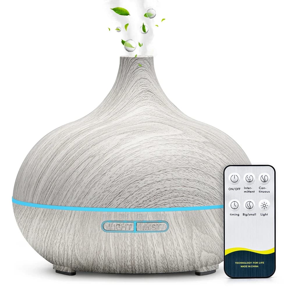 500ML Aromaterapia Diffusore di oli essenziali Grano di legno Umidificatore ad ultrasuoni con telecomando Freddo con 7 luci LED a colori