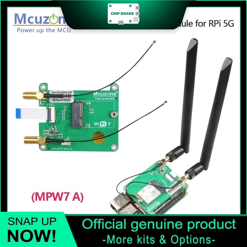 Modello MPW7 Raspberry Pi 5 Modulo PCIe a M.2 WiFi7, supporto BE200, AX210, AX200, compatibile con Google TPU e WiFi 6E.