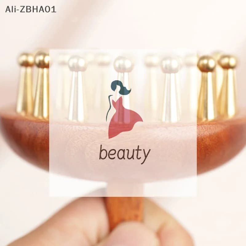 Multifunction Massage Brush for Beauty and Body Relaxation, Sculpture Instrument with Handle in Red Sandalwood and Solid Copper Seals for Meridians