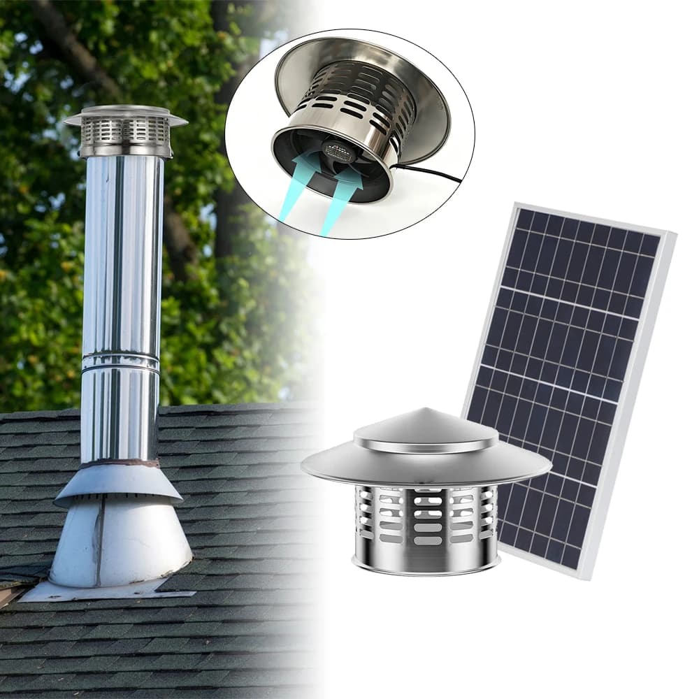 Solar Chimney Cap Air Extractor Ventilator Exhaust with 8/12W Solar Panel Exterior Outlet Roof Pipe Wall Fresh Air Chimney Cap