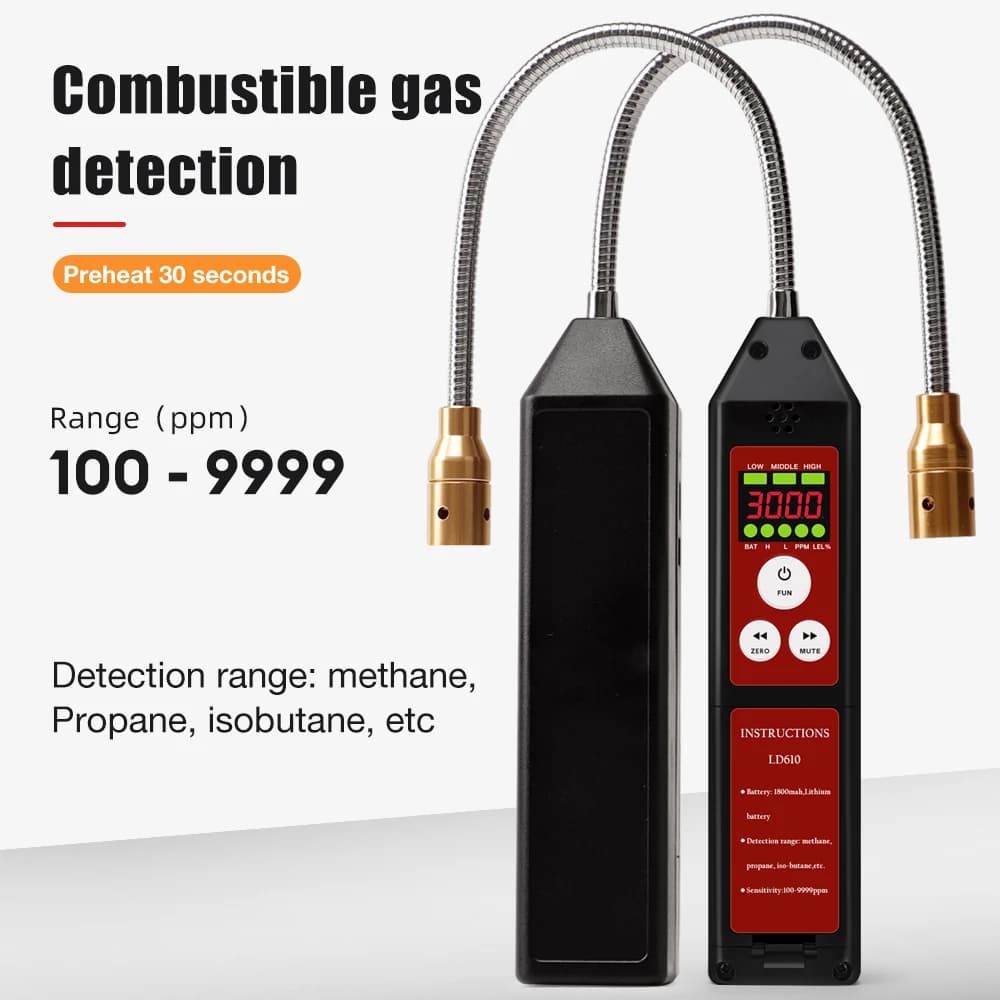 LD610 Rilevatore di gas combustibile Tester portatile per perdite di gas 360 ° Sonda flessibile C3H8 C4H10 H2 Monitor contro le perdite di metano 100-9999PPM