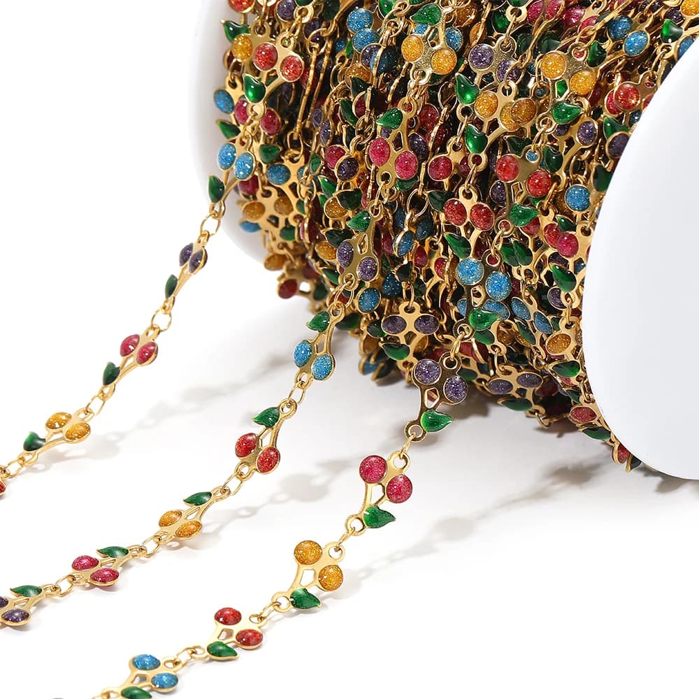 Catena in Acciaio Inox Smaltato con Motivo a Ciliegie, 1 Metro, per Creazione di Collane, Bracciali, Gioielli Fai-da-Te, Decorazione di Orecchini, Vendita all'Ingrosso