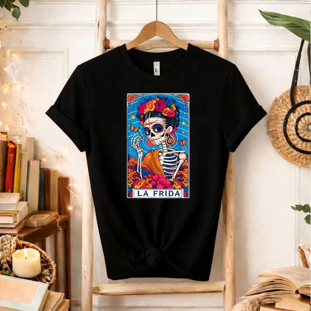 T-shirt con stampa La Frida Tarot Card Mexican Latina Skeleton
