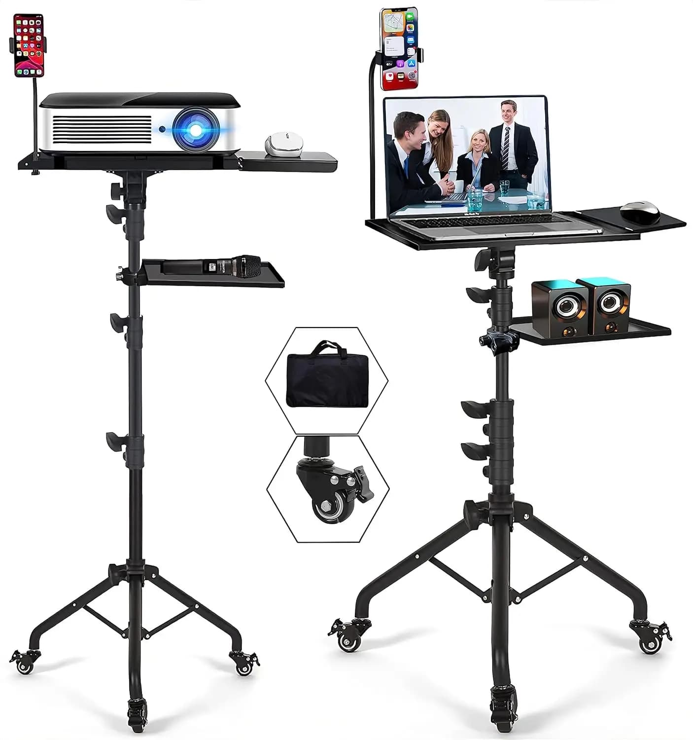 Supporto per Laptop Regolabile in Altezza con Ruote, 2 Ripiani, Vassoio per Mouse, Porta Telefono per Uso Portatile in Ufficio e Casa