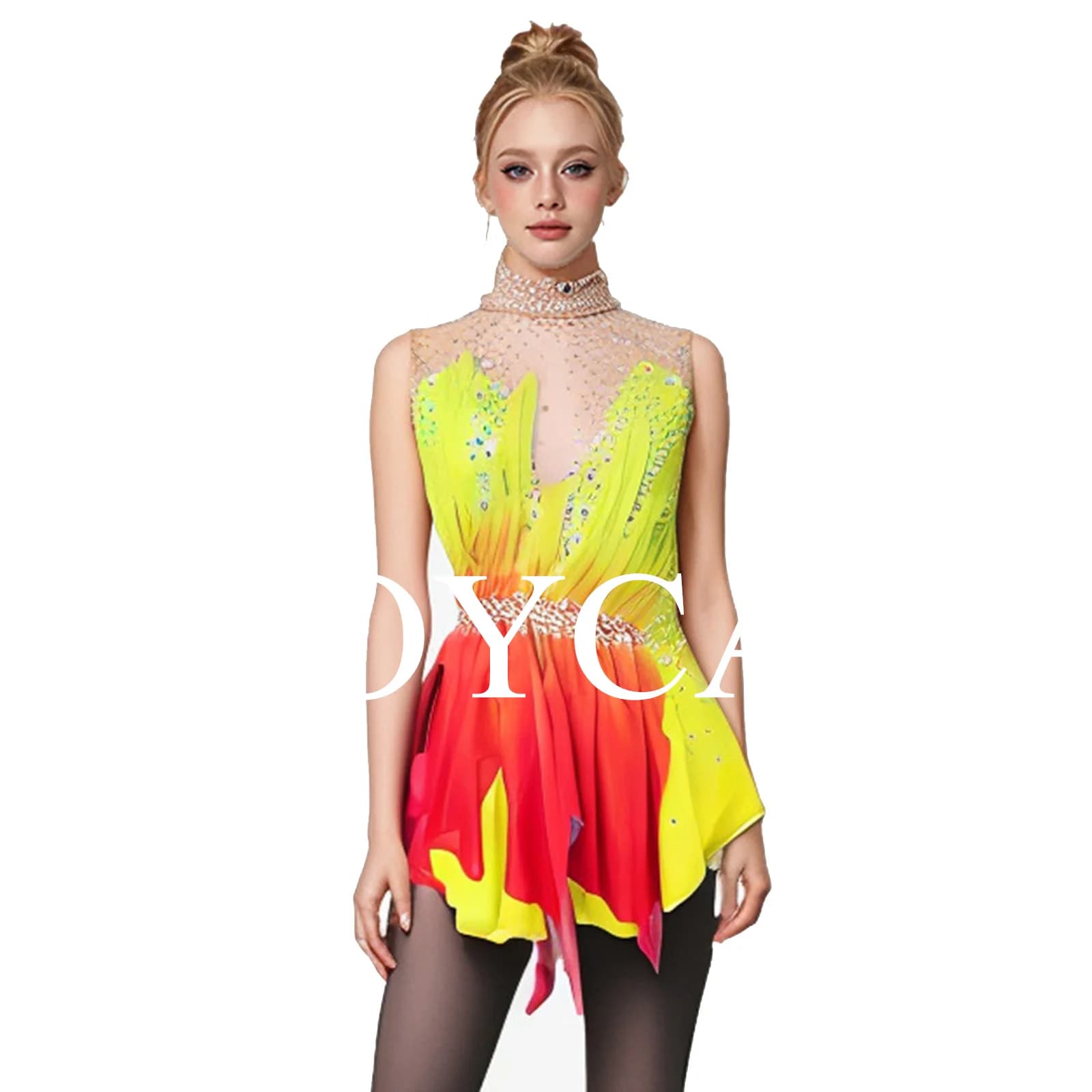 JoyCan Abito da pattinaggio artistico su ghiaccio per ragazze Abbigliamento da ballo da competizione elastico in spandex giallo personalizzato