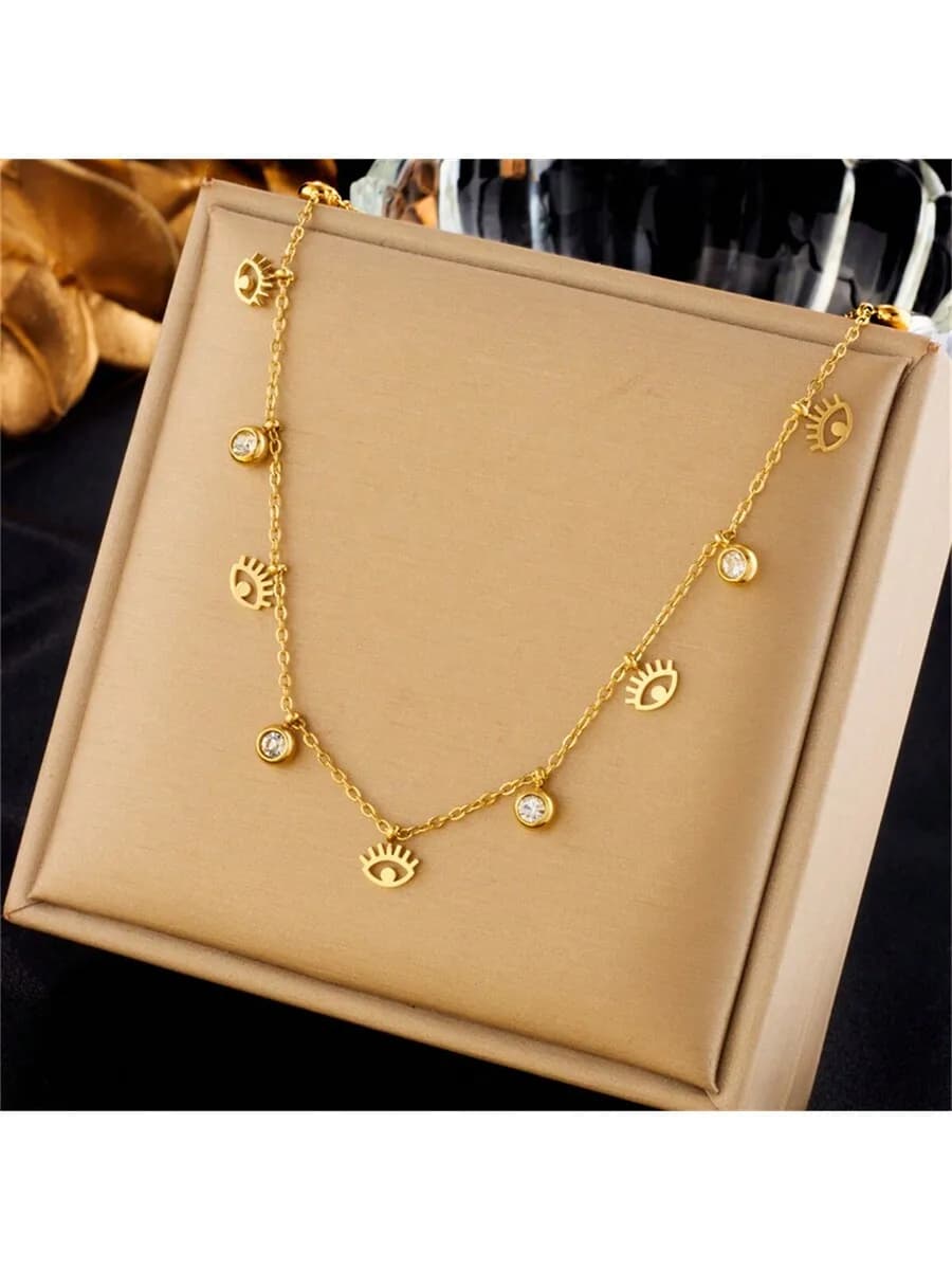 Stainless Steel Evil Eye Cubic Zirconia Chain Necklace For Women Daily Wear Wedding Gift