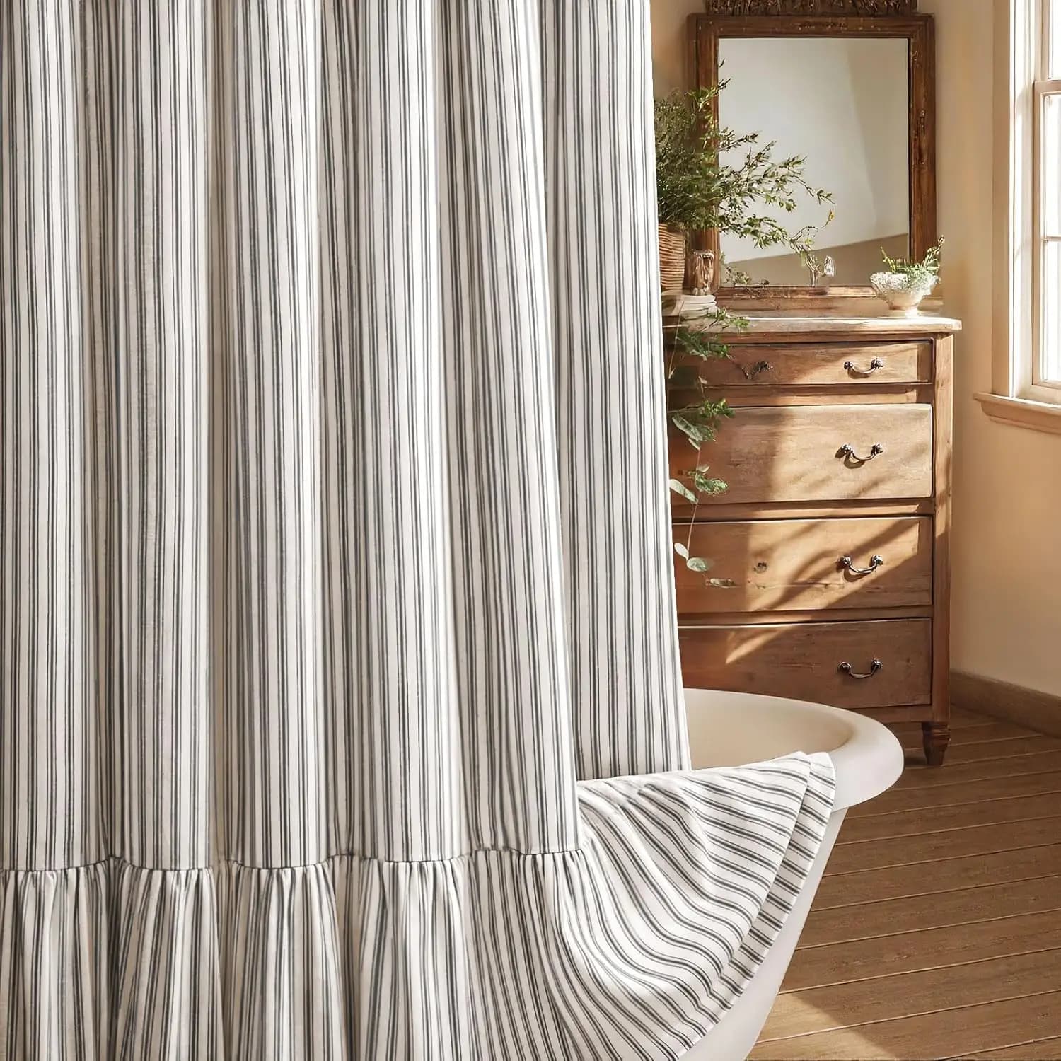 Tenda da doccia stile rustico con orlo arricciato, in tessuto di lino, stile vintage, a righe crema-nero, 72x72 pollici