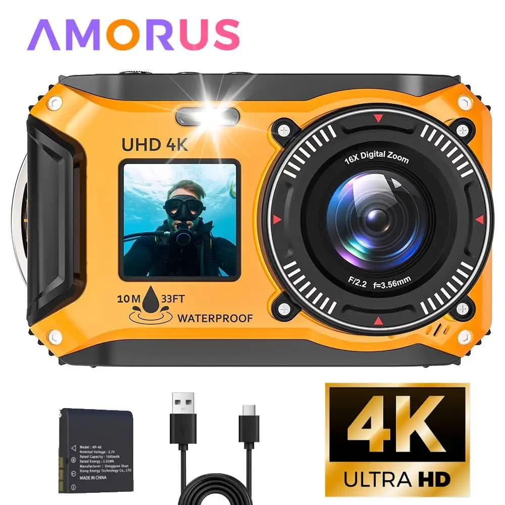 Fotocamera Subacquea 4K Impermeabile fino a 33 Piedi per Snorkeling, Doppio Schermo, Compatta, Antipolvere, Galleggiante, Autofocus, Fotocamera Digitale 64MP